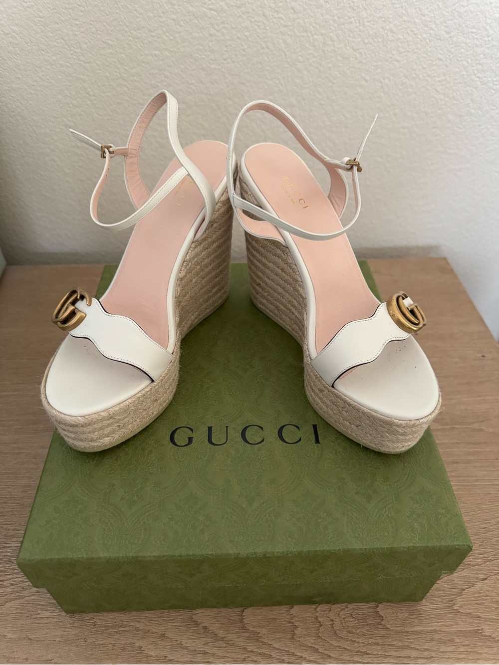 Gucci Lifford Majestic White Leather Espadrille Wedge Sandals with Gold GG